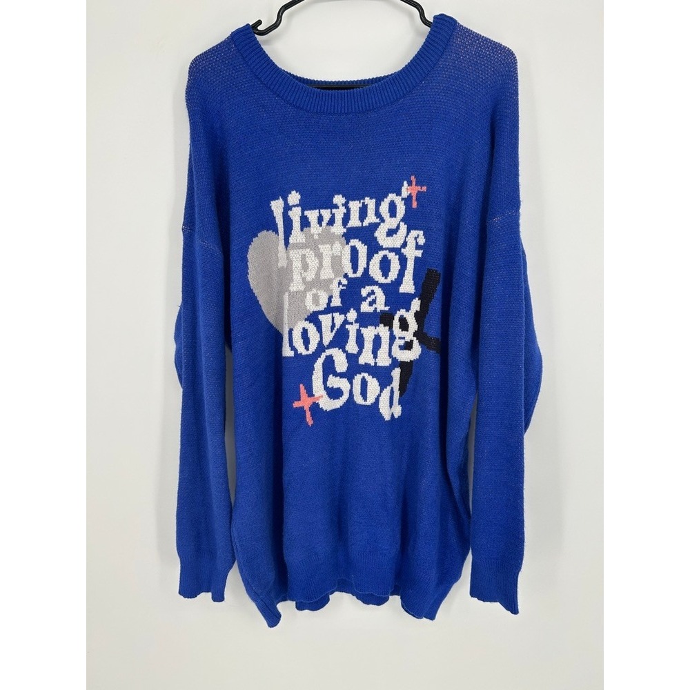 GLO God's Love Overcomes Graphic Knit Sweater Blue 2XL Christian Faith Eclectic